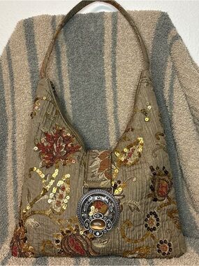 Embellished Taupe Shoulder Bag with Sequins and Medallion Accent